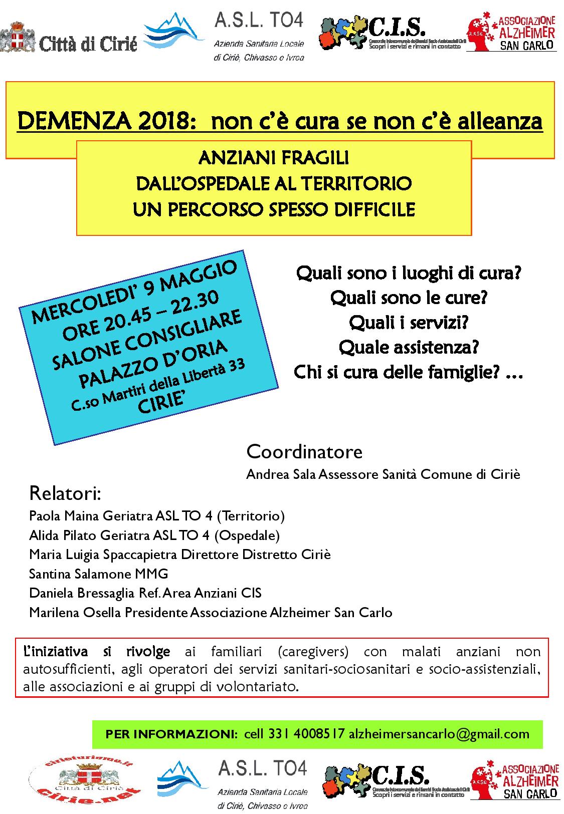 Mercoledì 9 maggio – Demenza 2018: non c’è cura se non c’è alleanza