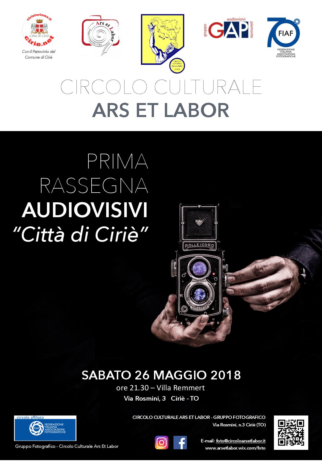 Sabato 26 maggio in Villa Remmert, prima Rassegna Audiovisivi “Città di Cirié”: 