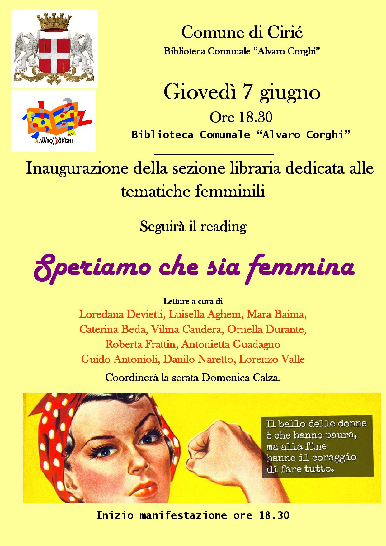 Giovedì 7 giugno 2018, inaugurazione del corner  dedicato alla Donna presso la Biblioteca A. Corghi.