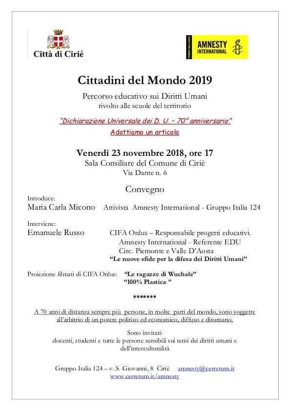 Cittadini del Mondo 2019: venerdì 23 novembre il convegno promosso da Amnesty in salone consiliare