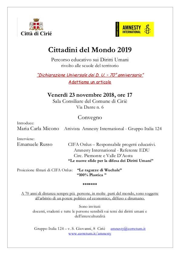 "Cittadini del Mondo 2019": domani in Sala Consiliare il convegno promosso da Amnesty