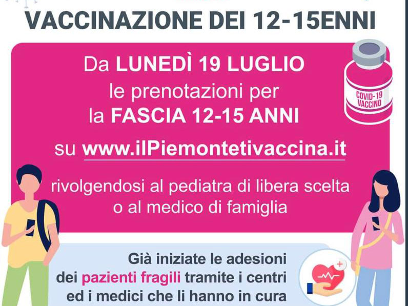 Vaccinazioni Covid-19: da lunedì 19 luglio aperte le prenotazioni per 12-15 enni