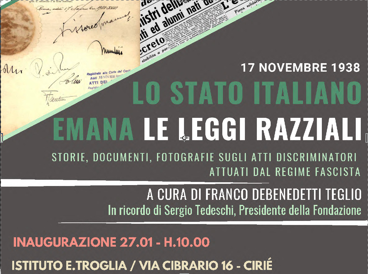 Da domenica 27/01, all'Istituto E. Troglia una mostra sugli effetti delle leggi razziali del 1938