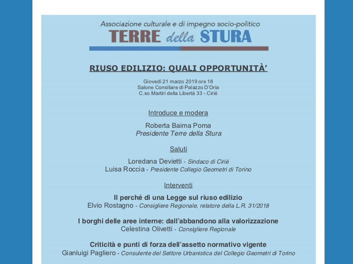 "Riuso edilizio: quali opportunità" - giovedì 21/3 in Sala Consiliare