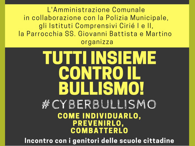 "Tutti insieme contro il bullismo - Cyberbullismo": appuntamento in Area Remmert mercoledì 27/3 